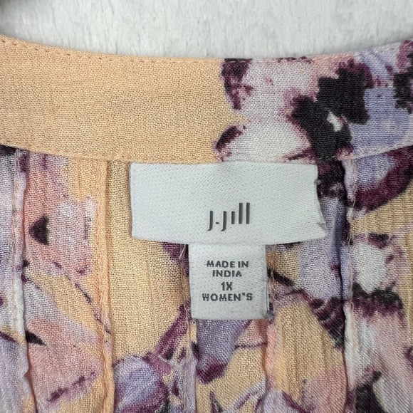 J Jill Pintucked Bell Sleeve Floral Blouse Womens 1X Purple Peach 3/4 Sleeve - Picture 5 of 10